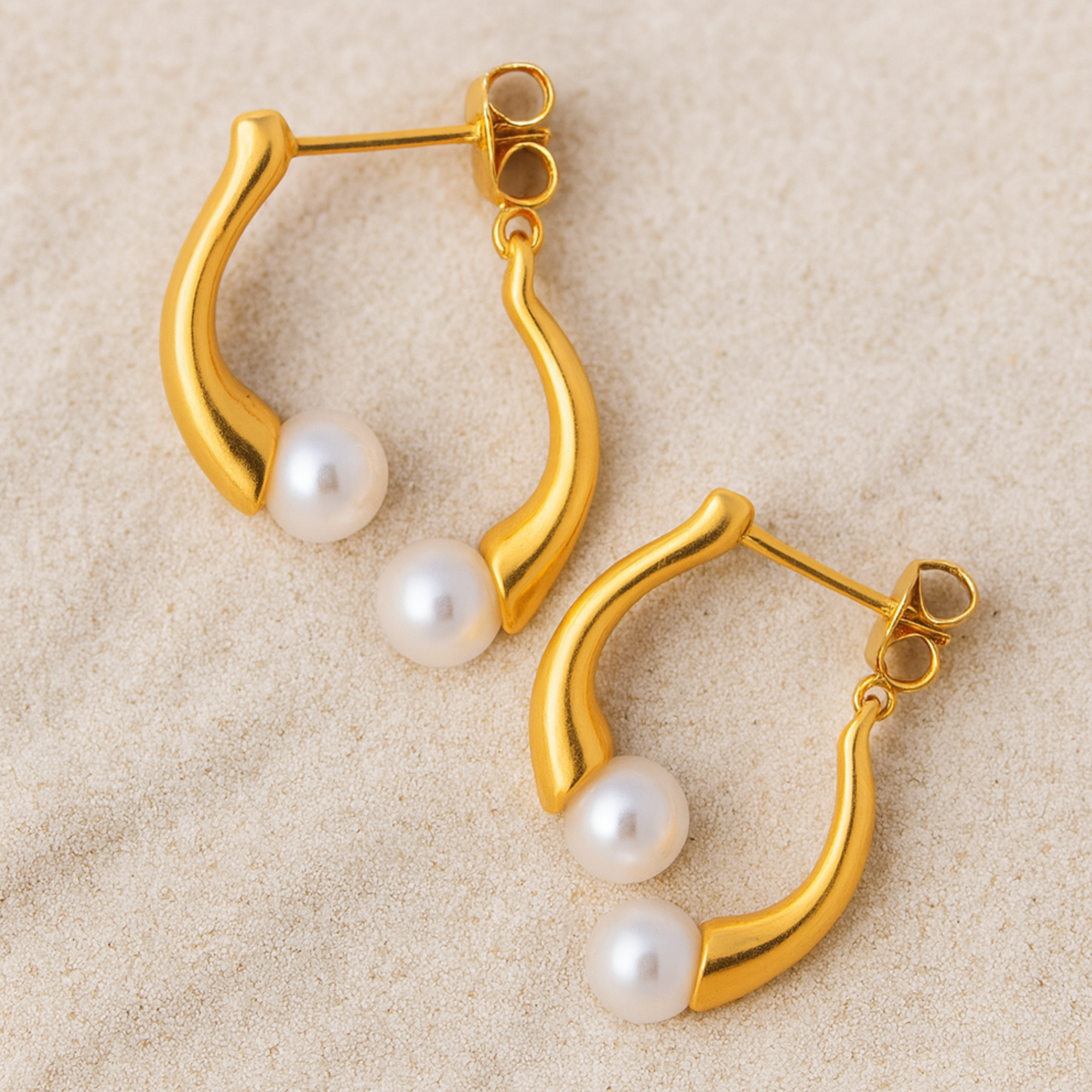 Gold titanium steel earrings with white pearls waterproof hypoallergenic jewelry