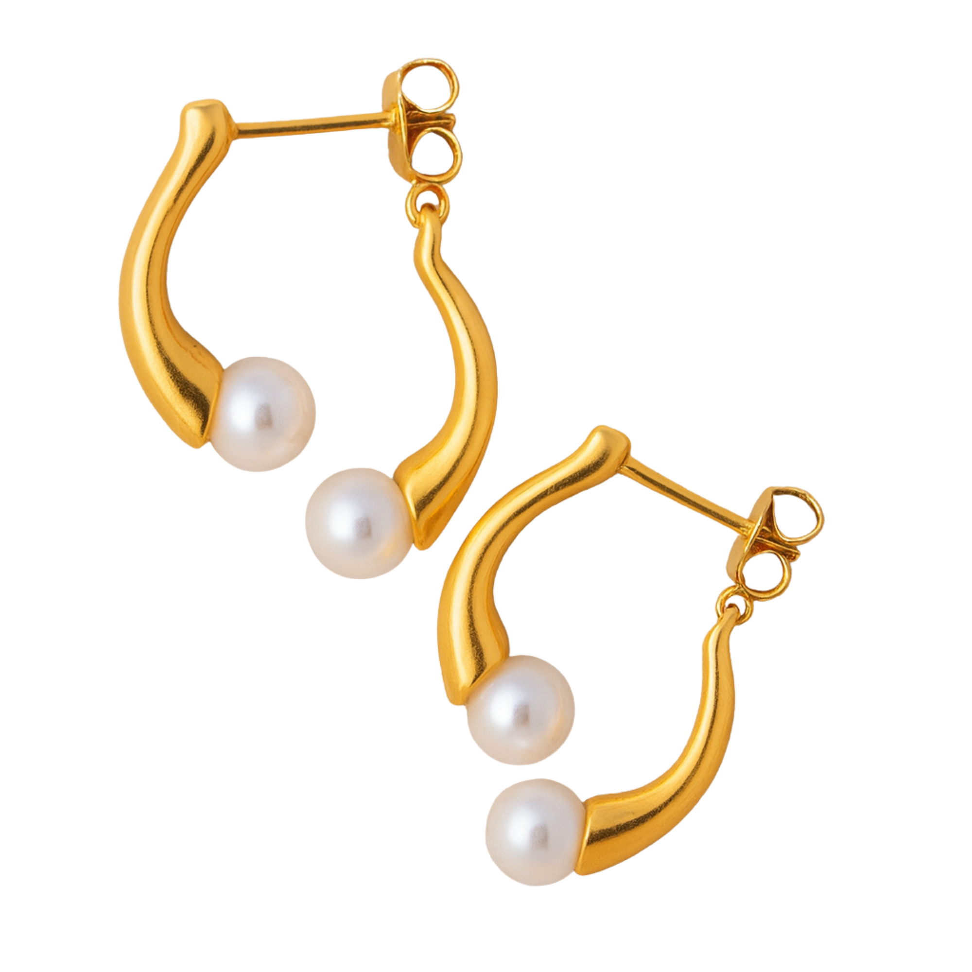 Gold titanium steel earrings with white pearls waterproof hypoallergenic jewelry