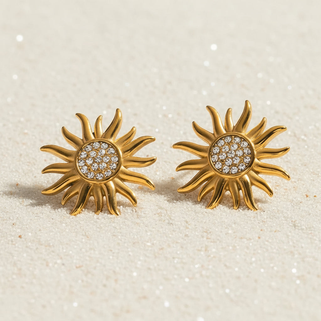 Gold sun stud earrings in stainless steel